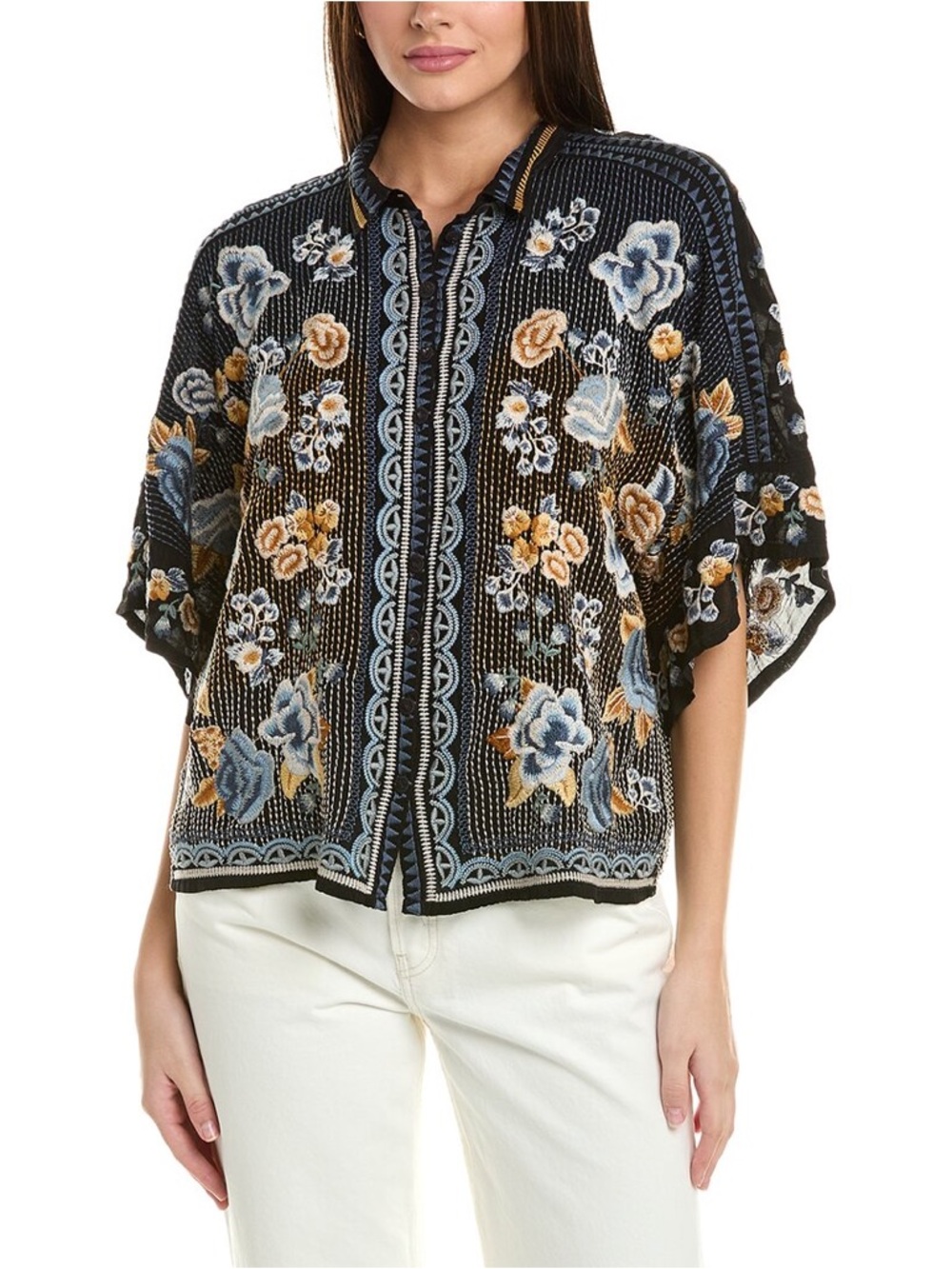 Johnny Was Minerva Heavily Embroidered Floral Tunic Top Blouse Cupra Rayon S